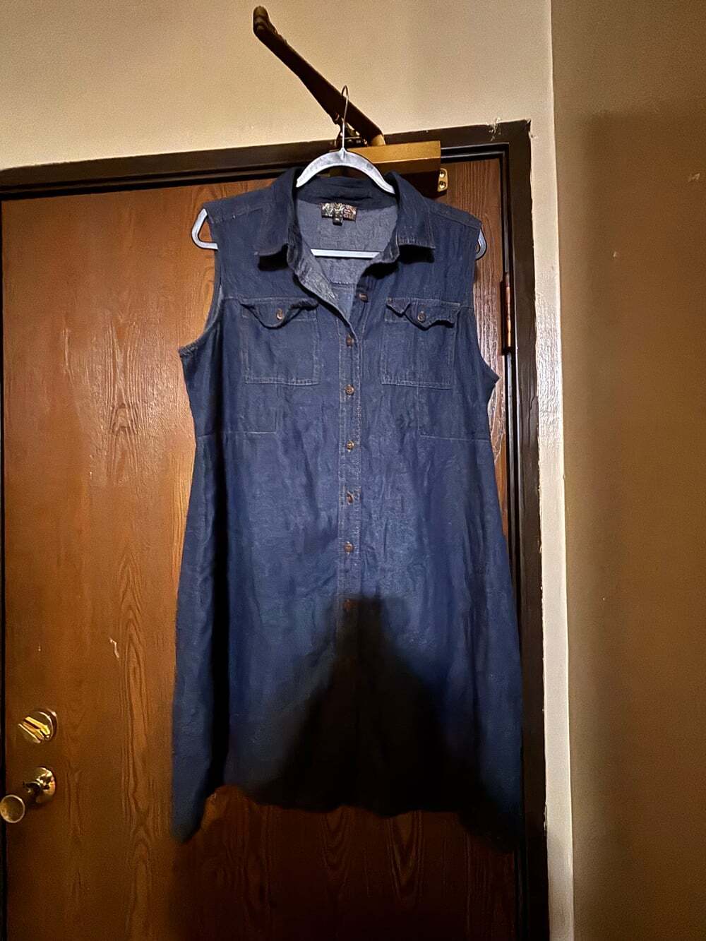 Vintage J Gee Denim Cotton Collared Sleeveless Fall Preppy Casual Midi Jean Dres